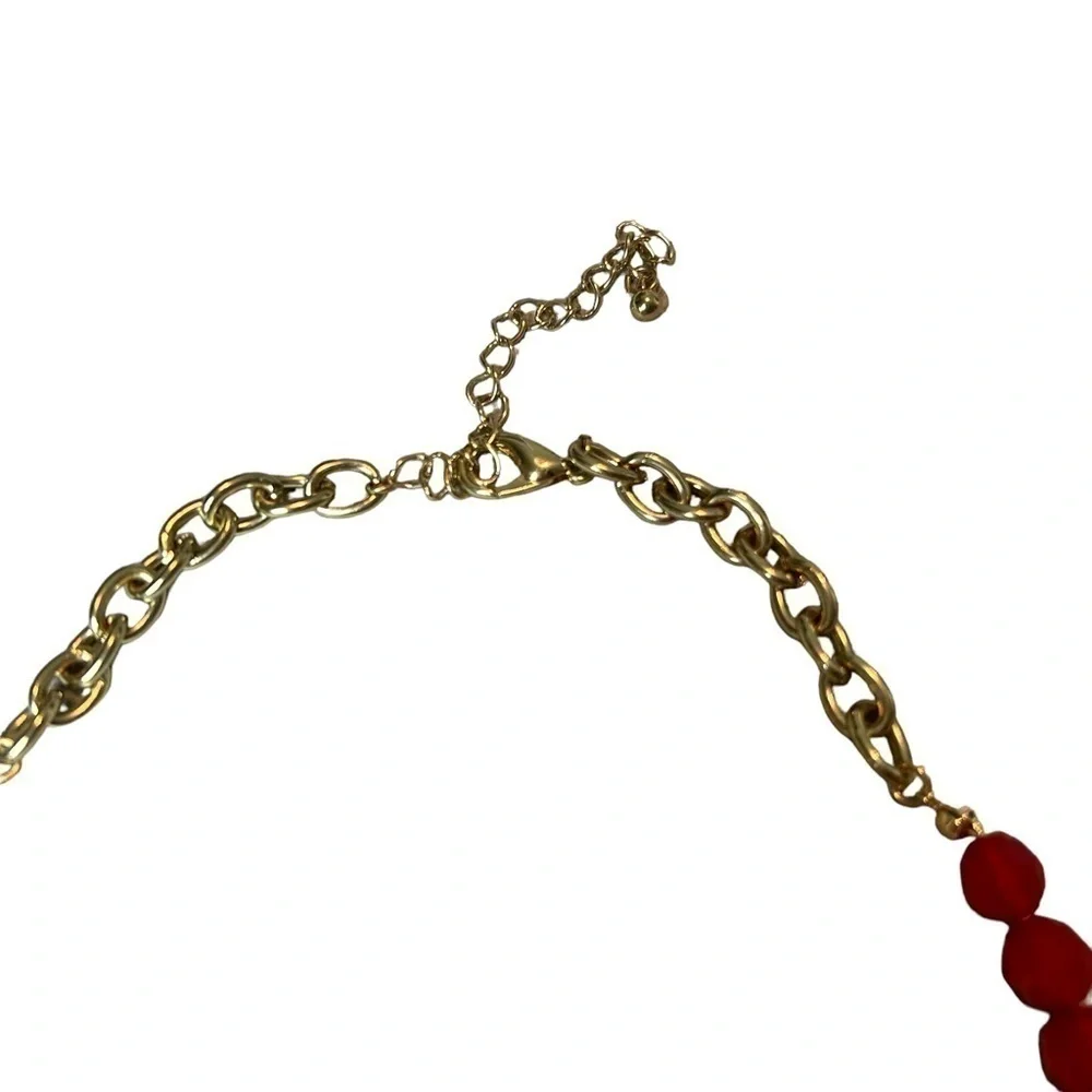 Red Acrylic Beads Faux Stone Pendant Necklace Gold Tone Accents & Chain
